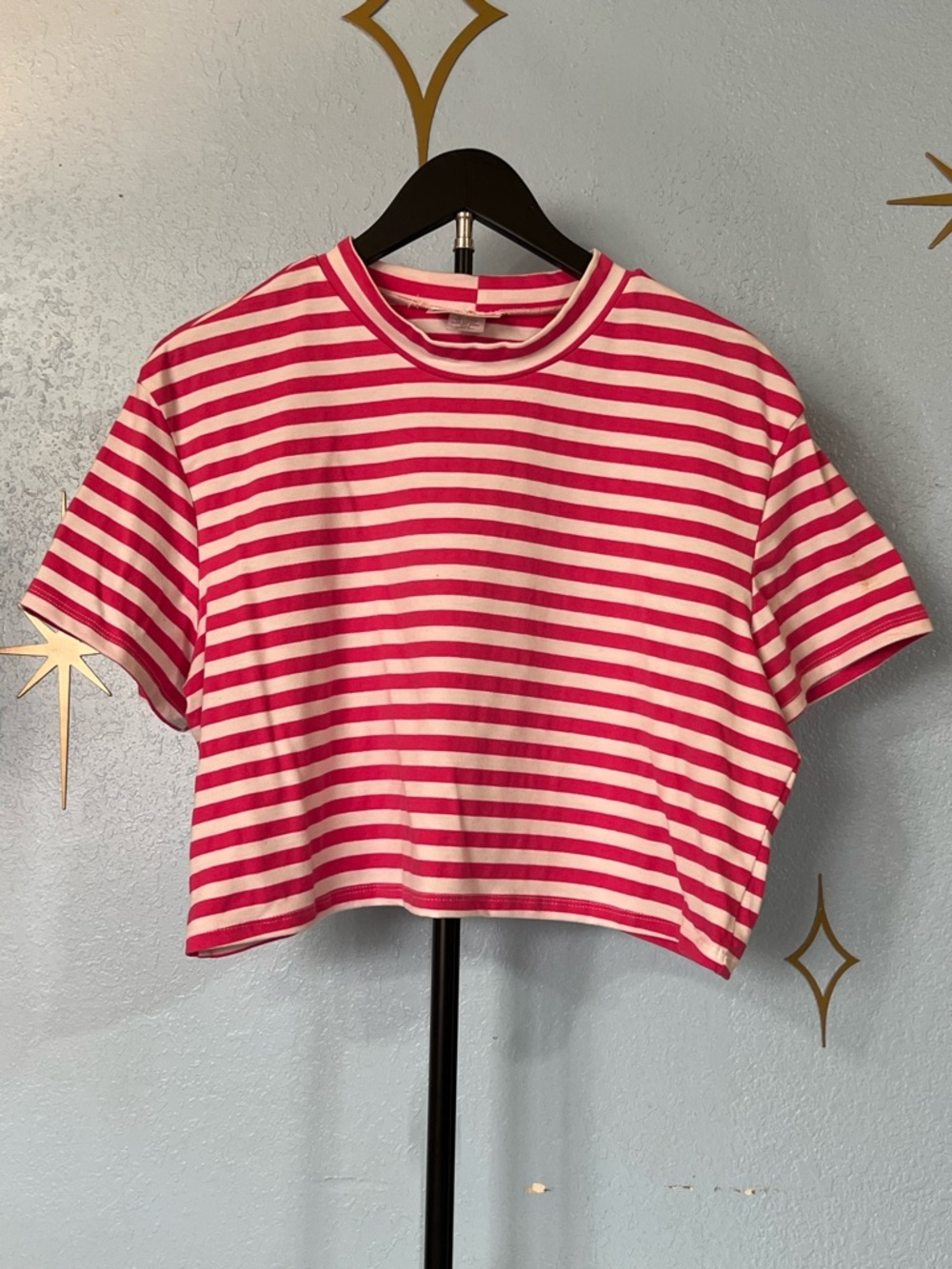Vixen by Micheline Pitt Pink & White Striped Crop Tee